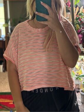 BiBi Pink and Cream Striped Cropped Knit Sheer Top